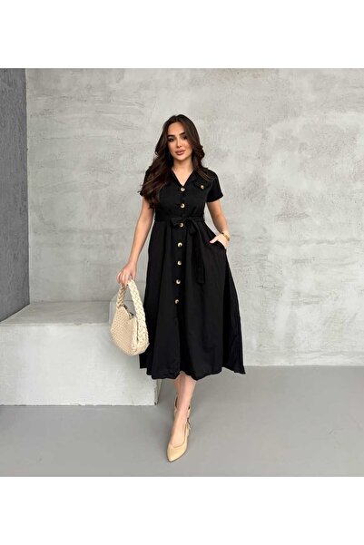 diloş butik Göğüs Cep Detay Kuşaklı Midiboy Gömlek Elbise