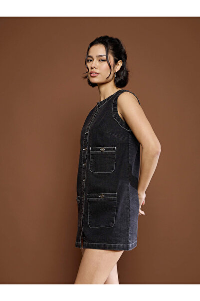 Sassafras By Styli Black Washed Front Pocket Denim Mini Dress