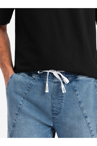 OMBRE Men's denim joggers with asymmetrical stitching - blue V2 OM-PADJ-0165