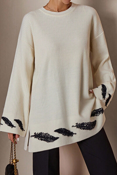 H&E LUXURY DESIGN Pulover de tricotat cu motiv cu pene ecru pentru femei