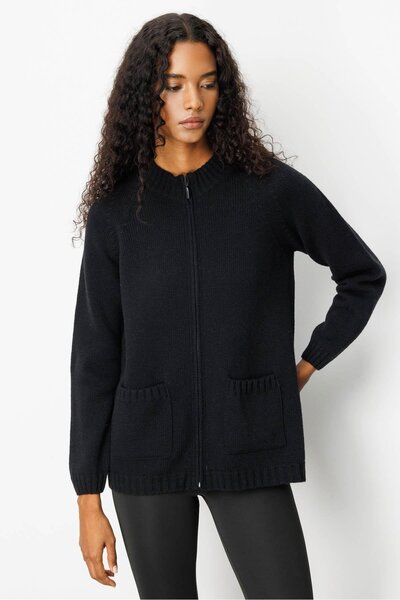 Desen Triko Women's Stand Collar Pocketed Basic Wool Cardigan Black