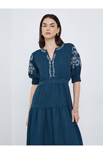 Take Two By Styli Embroidered Puff Sleeve Tiered Midi Dress