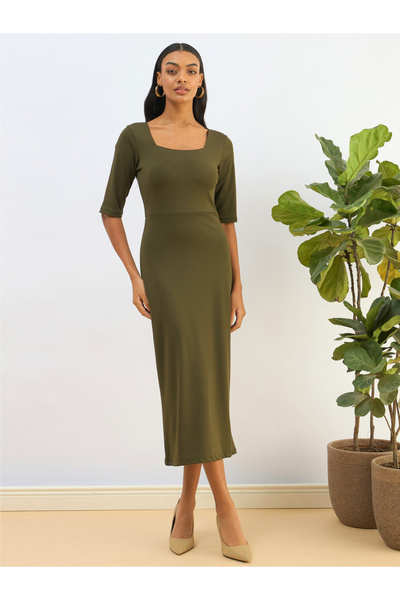 Sassafras By Styli Olive Square Neck Knit Bodycon Midi Dress