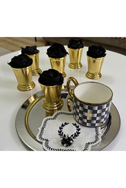 SEVA ÇELİK Gold Plated 6 Pieces Rose Bowl Includes Black Roses