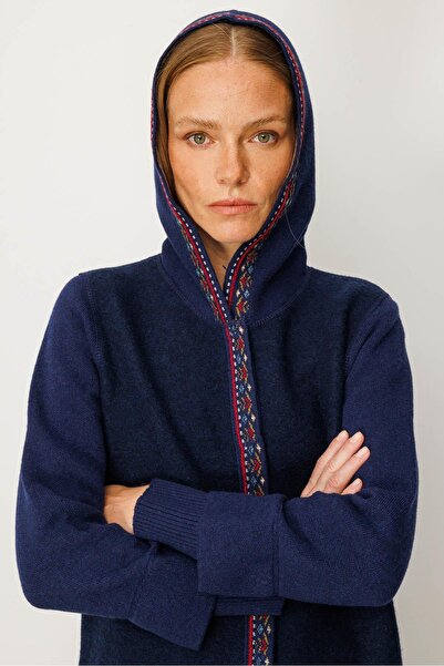 Desen Triko Women's Hooded Felt Wool Coat Y.A. Navy Blue