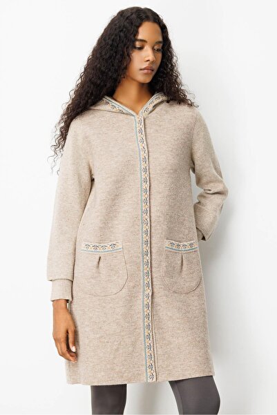 Desen Triko Women's Hooded Felt Wool Coat Front K.Bei