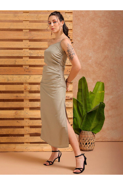 Freehand By Styli Women Grey One Shoulder Neck Maxi Dress