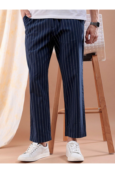 The Indian Garage Co By Styli Men Navy Blue Regular Fit Striped Trousers