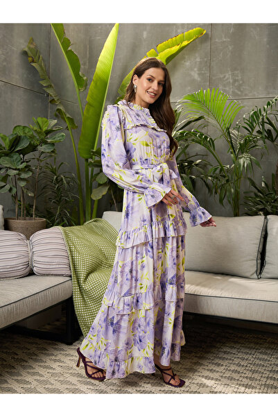 Sassafras By Styli Lilac Floral Print Ruffled Maxi Dress