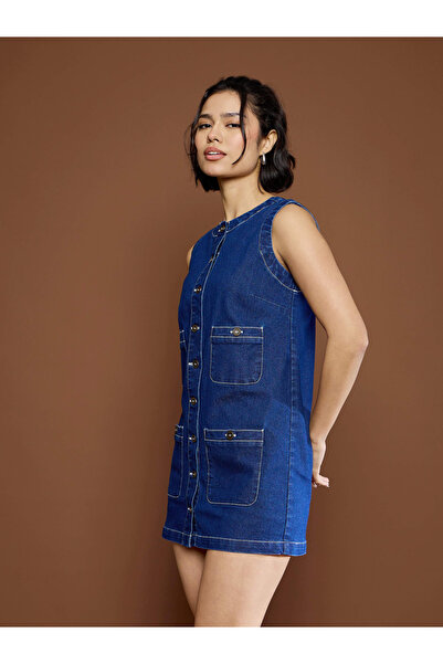 Sassafras By Styli Navy Washed Front Pocket Denim Mini Dress