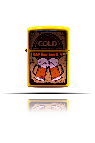 GIFTSOME Cold Beer Sarı Retro Cold Beer Bira Desenli Sarı Benzinli Çakmak