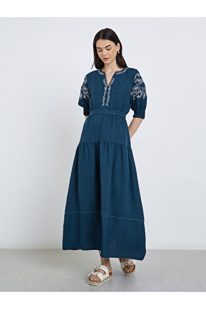Take Two By Styli Embroidered Puff Sleeve Tiered Midi Dress