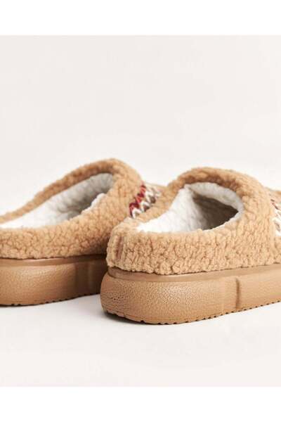 Chirpy Women's Winter Plush Indoor Shoes – Camel and Gray Patterned Stripe Detail, Ethnic Patterned Comfortable Polyurethane