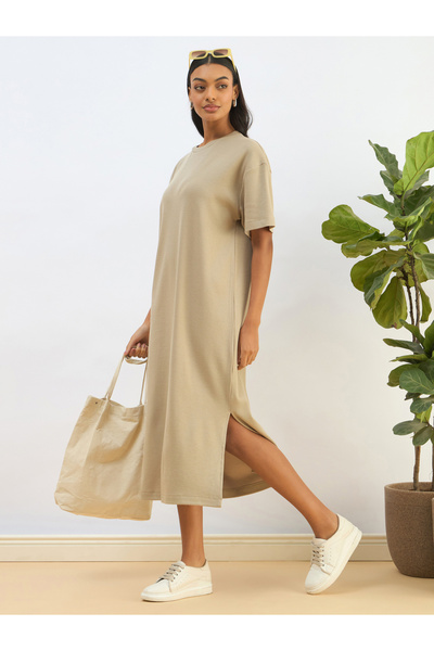 Sassafras By Styli Khaki Waffle Knit Oversized T-Shirt Midi Dress