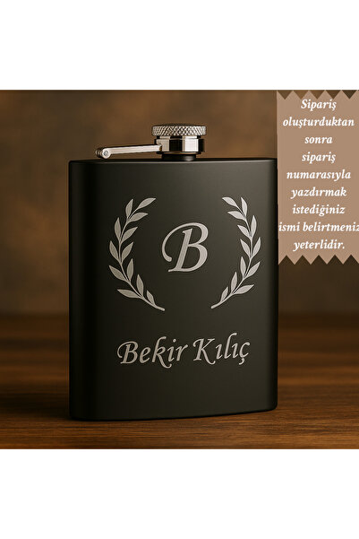 CHANCE GİFT Kişiye Özel Lazer İşlemeli Paslanmaz Çelik SİYAH RENK Cep Matarası Içki Matarası Hediyelik (9 OZ)