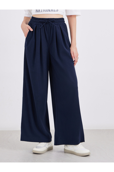 Styli Women Navy Blue Corduroy Wide Leg Trousers