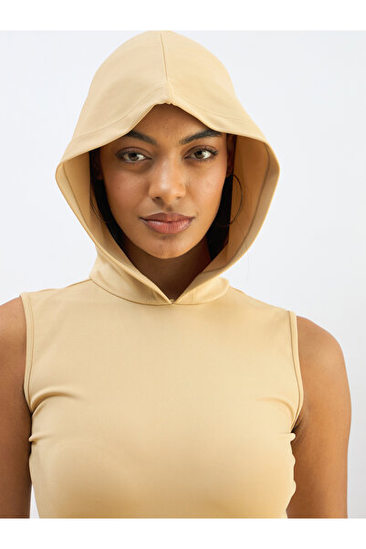 Sassafras By Styli Beige Hooded Knit Bodycon Midi Dress