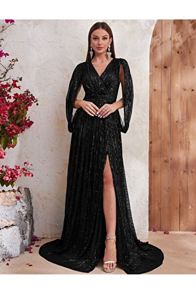 elissaa KRUVAZE YAKA SÜS KOL PUL PAYET ABİYE ELBİSE