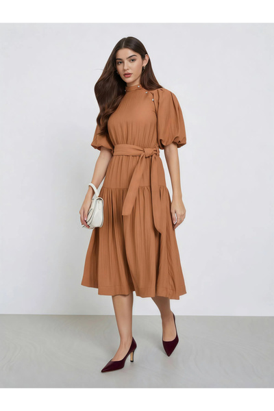 Styli Rust Puff Sleeve Waist Tie Midi Dress