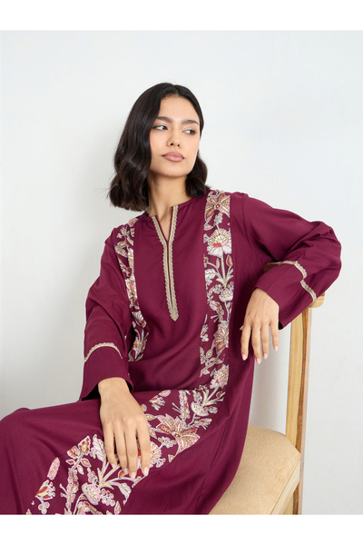 Styli Maroon Embroidered A-Line Jalabiya