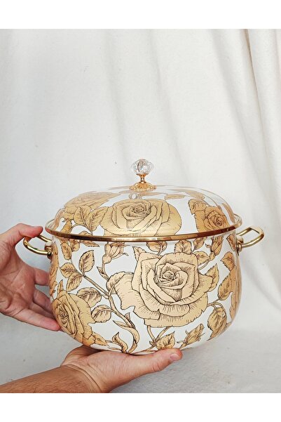 EBRULİEMAYE Yellow Rose Enamel Luxury Vintage Pot Size 8 Liters 28 cm Diameter Milk Yogurt Jam Canned Paste Pot