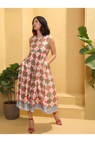 Sassafras By Styli Red All Over Print Sleeveless Midi Dress