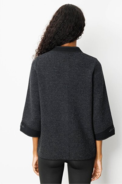 Desen Triko Women's Stand Collar Sleeve and Collar Embroidered Wool Coat Black