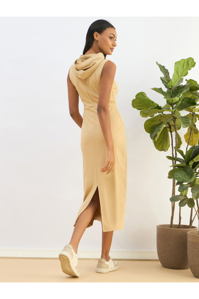 Sassafras By Styli Beige Hooded Knit Bodycon Midi Dress