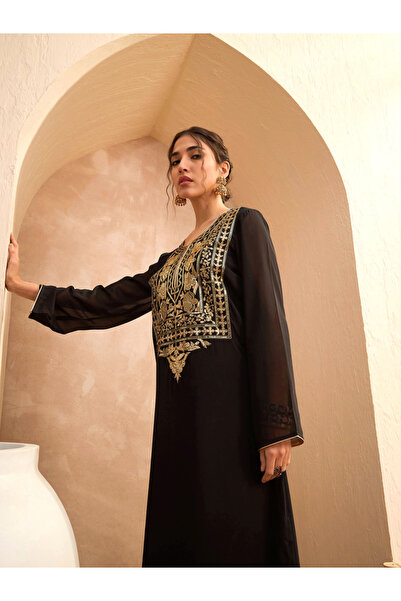 Sassafras By Styli Black Sequined Abaya Dress with Inner Cami Slip