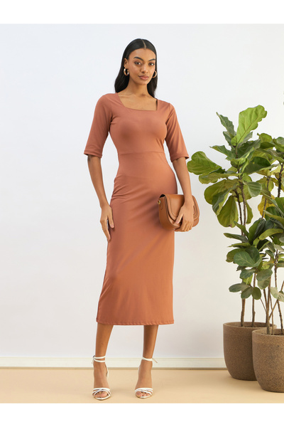Sassafras By Styli Rust Square Neck Knit Bodycon Midi Dress