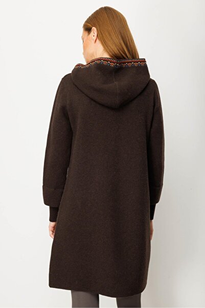 Desen Triko Women's Hooded Wool Coat with Felt Front, Dark Brown