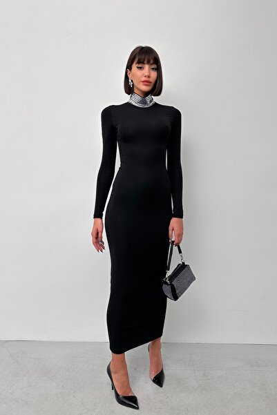 New Now Victoria Long Sleeve Stand-Up Collar Stone-Detail Diver Fabric Dress