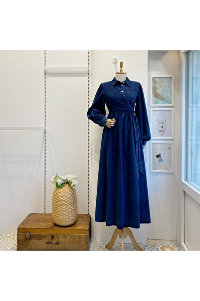 Faya Boutique Lacivert Crop Detaylı Kot Elbise