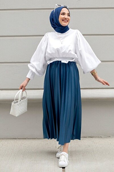 Kombinazon Lavanya Wide Pleated Indigo Skirt