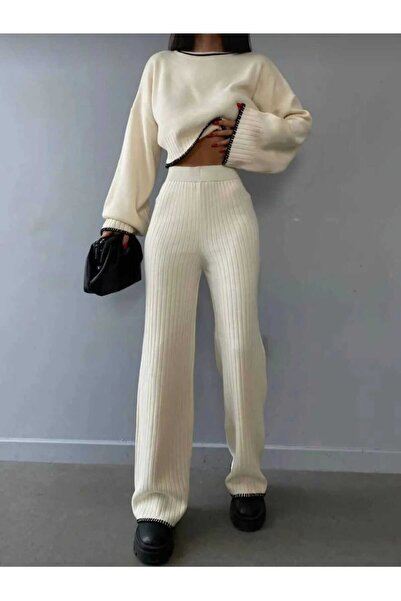 Askı Nişantaşı Cream Front Embroidery Detailed Knitwear Trousers Set