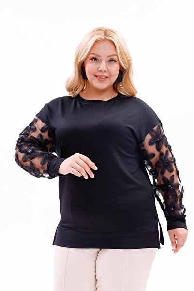 Siyezen Büyük Beden Kolları Çiçek Motifli Modal Bluz