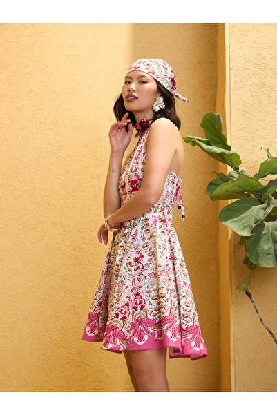 Sassafras By Styli Pink Halter Neck Cotton Mini Dress