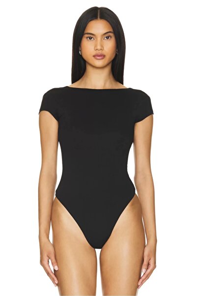 bysoca Kadın Siyah Sırt Dekolteli Kayık Yaka Kısa Kol İpek Jarse Tanga Bodysuit