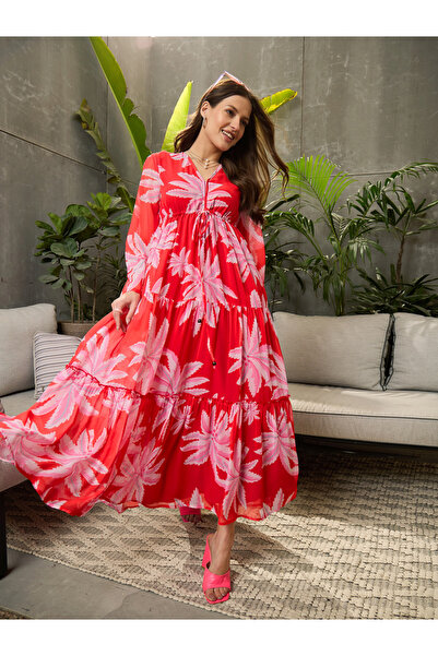 Sassafras By Styli Red Palm Print Tiered Maxi Dress