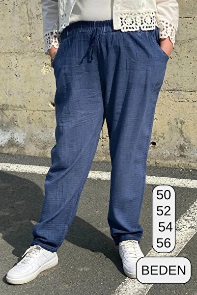 Mia Butik Plus Size Indigo Elastic Waist Linen Trousers