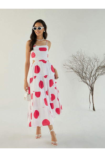 Sassafras By Styli White Back Cut-Out Polka Dot Midi Dress