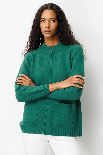 Desen Triko Women's Stand Collar Pocketed Basic Wool Cardigan Ö.Başı