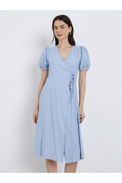 Take Two By Styli Striped Puff Sleeves Knee Length Dress