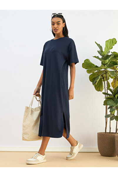 Sassafras By Styli Navy Waffle Knit Oversized T-Shirt Midi Dress