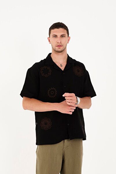 Rocqerx R-6063 Πουκάμισο μουσελίνας με κοντό μανίκι με κέντημα με γιακά