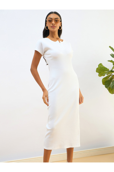 Sassafras By Styli White Ribbed Bodycon Midi Dress