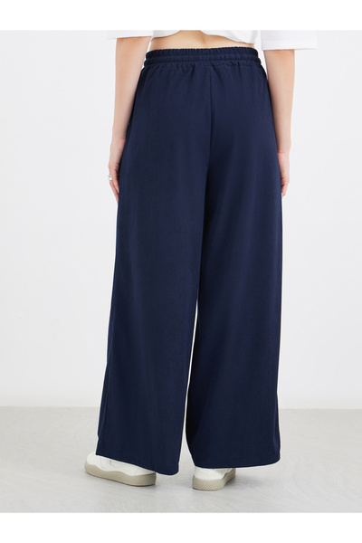 Styli Women Navy Blue Corduroy Wide Leg Trousers