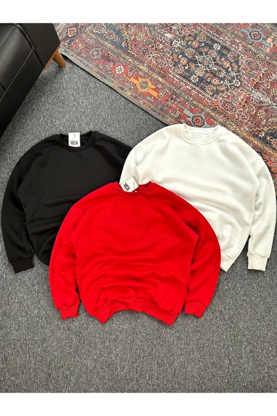 tetramoda سترة رياضية كبيرة الحجم بياقة دائرية وثلاثة خيوط بلون واحد مكونة من...