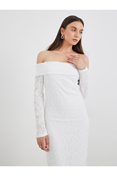 Take Two By Styli Schiffli Off Shoulder Bodycon Maxi Dress