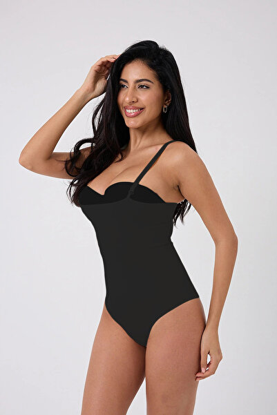 MİSTİRİK Mazzola Model Laser Cut Non-Marking Corseted Snap-On Slip Body Black Color